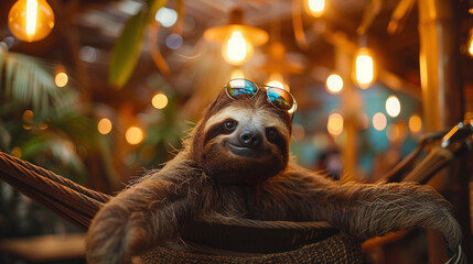 Sloth wearing sunglasses relaxing in a hammock