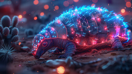 The A.I. generated photo looks like a colorful armadillo with glowing blue and red crystals growing out of its back
