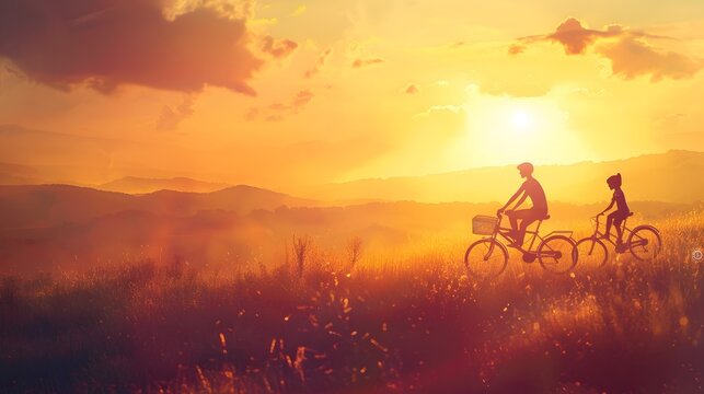 Silhouetted Cyclists Ride into Breathtaking Sunset Over Lush Rolling Hills in Peaceful Countryside Scene