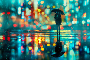 Person with umbrella standing in colorful rainy cityscape