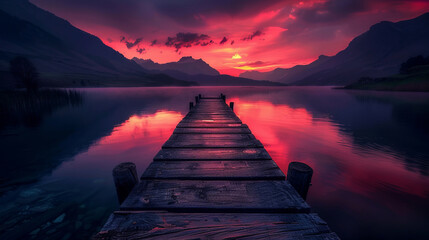 Naklejka premium Stunning sunset at tranquil mountain lake with wooden pier