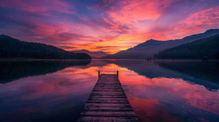 Vibrant sunset over serene lake with wooden pier and mountain view