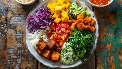 Vibrant Plant-Based Plate Showcases Diversity and Deliciousness of Vegan Cuisine with a Focus on Sustainability. Concept Vegan Cuisine, Plant-Based Diet, Sustainability, Vibrant Dishes