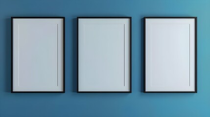 Three empty vertical black frame mockup design on a blue wall room, 3d render of grey interior with canvas on the wall 