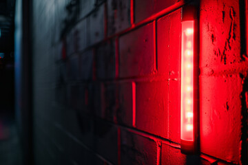 Vertical red neon light on a brick wall in dark ambiance