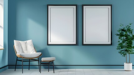 Three empty vertical black frame mockup design on a blue wall room, 3d render of grey interior with canvas on the wall 