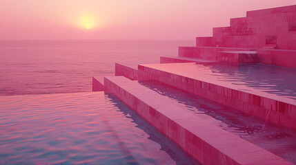 Sunset over modern architectural oceanfront steps