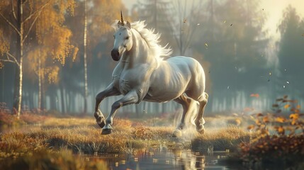 Illustrate a whimsical high-angle perspective of a graceful unicorn galloping across a dreamy meadow, its opalescent coat reflecting the soft sunlight, using CG 3D techniques