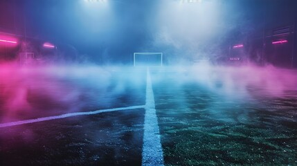 NeonLit Midfield A Dreamy Soccer Game Field Textured with Ethereal Fog Generative ai