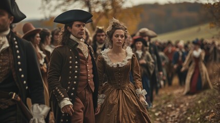 Fototapeta premium A man and a woman in colonial-era clothing are walking through a forest.