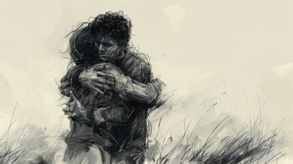 A man and woman, both dressed in tattered clothes, are embracing each other in a field of tall grass. The background is a bleak, war-torn landscape.