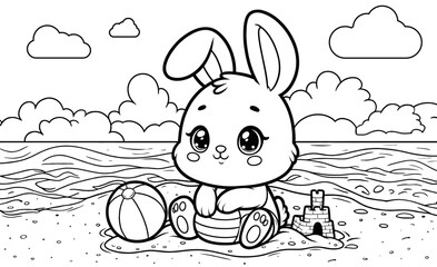 A coloring page of a Rabbit Enjoying a Sunny Beach Day