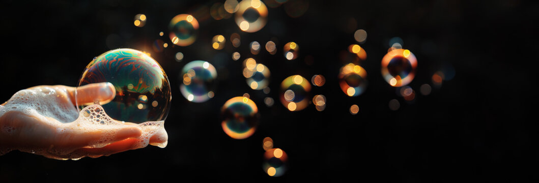 soap bubbles in hand, bubble in the air , bubble on black background, like a dream, There is space for text background cover banner, circle glow