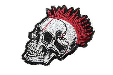 Skull with red mohawk embroidered patch isolated on transparent background. Punk rock and alternative style concept. Design for sticker, print, banner