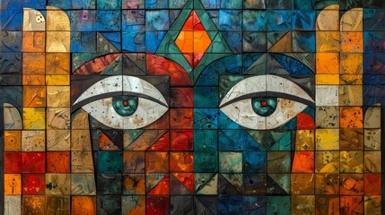 A mosaic of a person's face with vibrant colors and patterns.