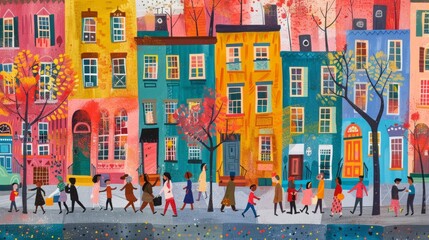 A painting of a colorful city street with people walking on the sidewalk in front of the buildings.