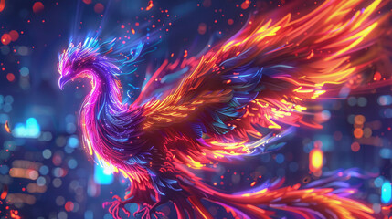 The image shows a beautiful and majestic phoenix rising from the ashes with a colorful background of blue and purple