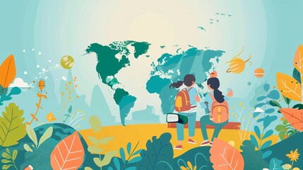 An illustration of a boy and a girl looking at a world map