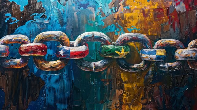 A painting of a chain made of flags from different countries.