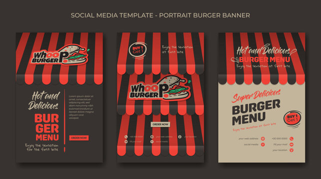 Set of portrait social media post template with canopy background and burger in cartoon design