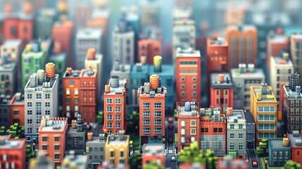 City buildings in pixel art, full city background blurre
