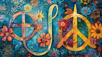 A painting of a peace sign and a flower surrounded by flowers in bright colors.