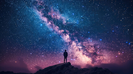 A person stands on a hill looking up at the night sky