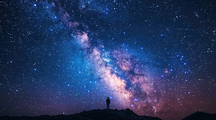 A person is standing on a hill and looking up at the stars
