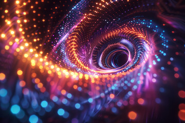 A swirling vortex of neon dots in an abstract space