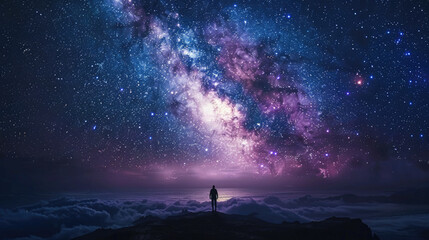 A person stands on a rocky cliff overlooking a vast ocean and a starry sky - obrazy, fototapety, plakaty