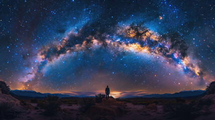 A person stands in the middle of a vast, starry sky