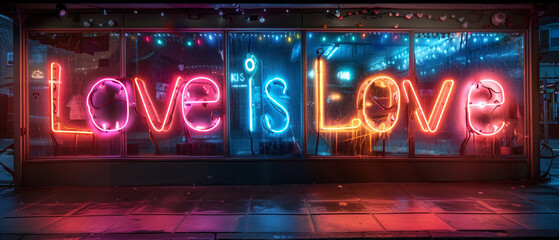 Neon signs spelling out "Love is Love" in rainbow colors