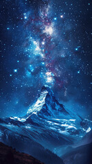 A mountain with a snow covered peak and a blue sky with stars