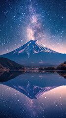 A mountain with a lake in the background and a sky full of stars