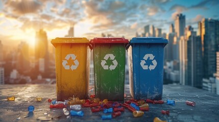 Recycling Bins with City Background - Environmental Awareness Concept for Waste Management and Recycling of Plastic, Paper, and Glass in Container Trash Bin