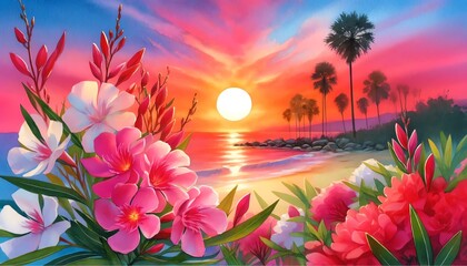 Fototapeta na wymiar Watercolor painting of Lance-Oleander flowers on a Beach at Sunset