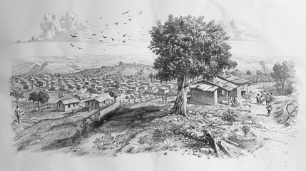 A pencil drawing of a rural African village with a large tree in the foreground