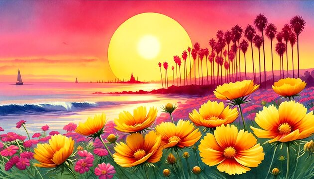 Watercolor painting of Lance-Leaf Coreopsis flowers on a Beach at Sunset