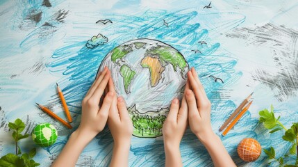 A photo of a child's hands holding a drawing of the Earth.