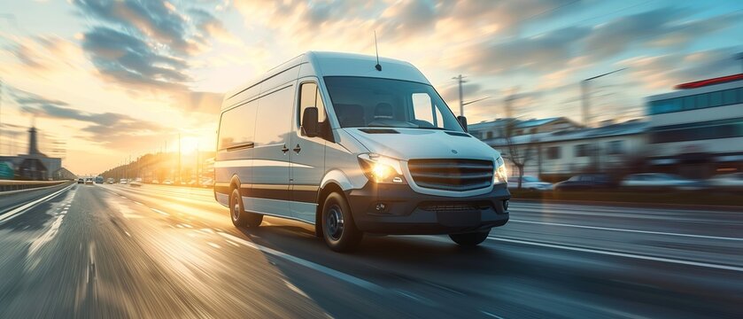 White modern delivery small shipment cargo courier van moving fast on motorway road to city