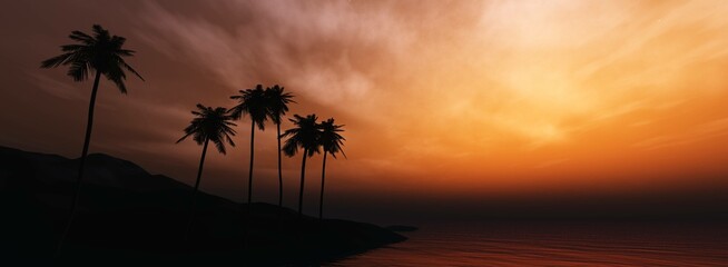 Obraz premium Silhouettes of palm trees against the background of a sunset on the beach, 3D rendering