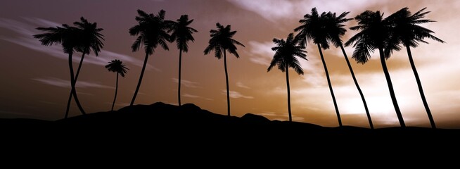 Silhouettes of palm trees against the background of a sunset on the beach, 3D rendering
