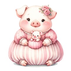 A heartwarming illustration of a mother pig in a pink dress, gently cradling her baby piglet. Adorable animal characters, perfect for children's designs and projects.
