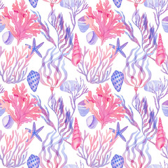 Watercolor painted, hand drawn underwater elements with shells and seaweeds, pastel colours, detailed drawings, can be use as print with shells and seaweeds on the clothes, textile design, invitation.