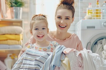 Home activities of mother and daughter washing clothes smile happily. Generative Ai