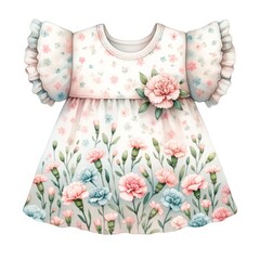 Adorable illustration of a baby dress with a pink and blue carnation floral print. Cute girl's clothing with ruffled sleeves and a flower accent, isolated on a white background. Perfect for baby showe