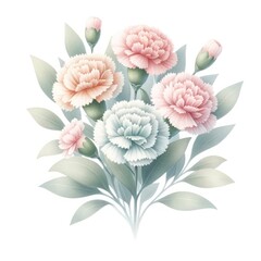 Delicate pastel pink and blue carnation bouquet illustration. Soft floral arrangement with blooming flowers and green leaves, isolated on a white background. Perfect for weddings, Mother's Day, or sp

