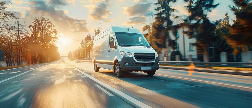 White modern delivery small shipment cargo courier van moving fast on motorway road to city