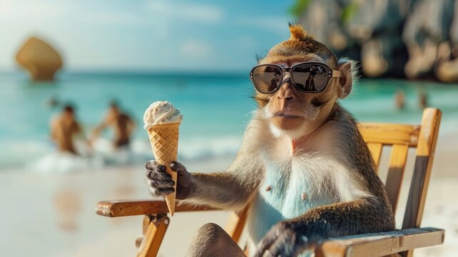 A monkey with sunglasses is sitting in a chair on the beach eating an ice cream cone. Summertime