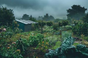 A misty morning in a lush garden with a small shed under gray skies